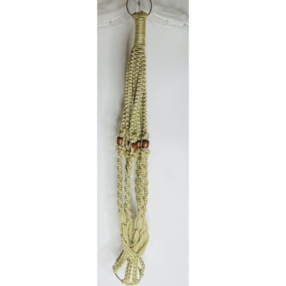 Macrame Plant Hanger Woven White Wood Beads 36" Long Vintage BOHO MCM - Picture 9 of 11